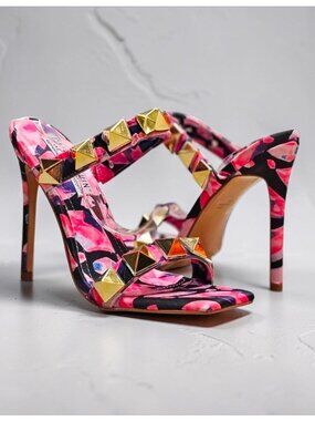 Pink & Gold Studded High Heel Sandals With Floral Pattern Open Toe Stiletto Heel